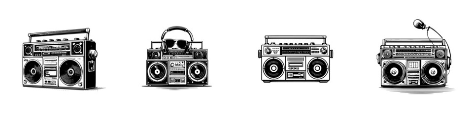 Retro boombox ghetto blaster icon set with vintage cassette players and audio equipment for 80s and 90s hip hop music culture