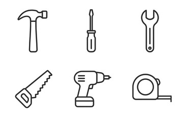 Fototapeta premium Tool set icons: hammer, screwdriver, wrench, saw, drill, tape measure