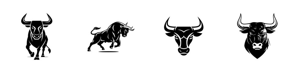 Dynamic collection of black bull silhouettes and mascot logos symbolizing strength and power, featuring angry charging taurus icons on a white background