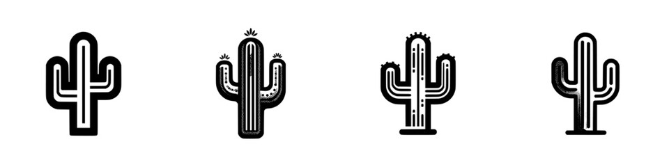 Set of four black and white saguaro cactus icons in a minimalist linear style for logo design or graphic element