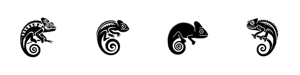 Set of four black chameleon silhouettes with decorative tribal patterns for logo or icon design, isolated on a white background