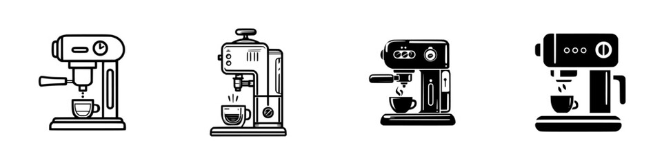 Collection of four coffee machine designs in black and white line art and solid silhouette styles for cafe or beverage branding