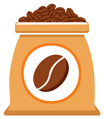 Illustration of a Filled Bag of Coffee Beans with Label Depicting a Coffee Bean Design