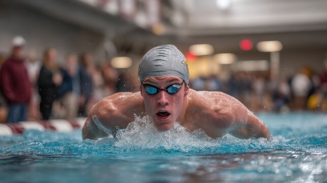 Male swimmer excels in butterfly stroke at competitive swimming event in indoor pool