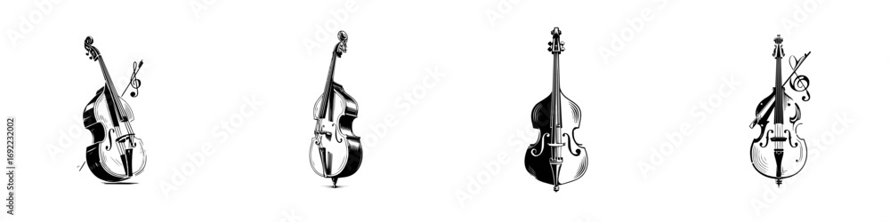 Poster set of four hand-drawn double bass musical instruments in a black and white sketch style with treble