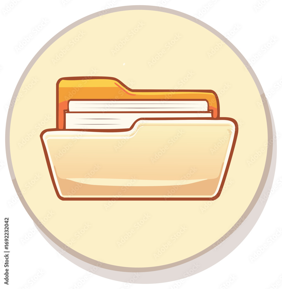 Poster cartoon illustration of a file folder with documents in a circle.