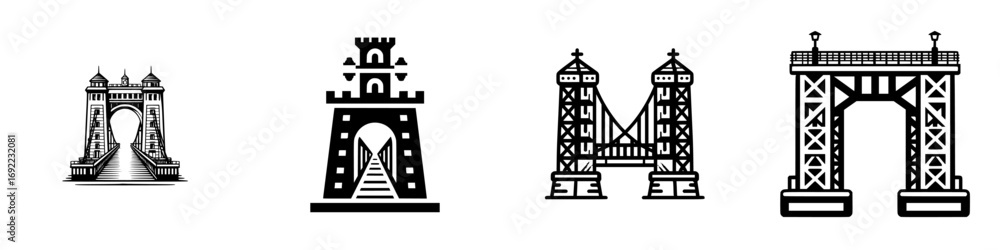 Poster graphic set of four different bridge and archway icons in a bold monochrome style, representing arch