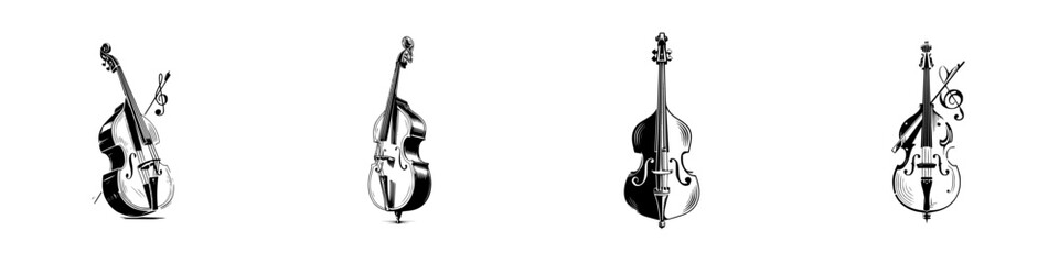 Set of four hand-drawn double bass musical instruments in a black and white sketch style with treble clef notes isolated on a white background © Andrei