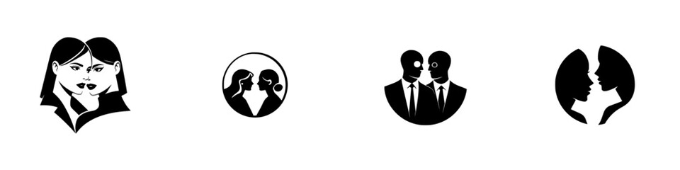 Set of minimalist black and white icons showing pairs of people in silhouette for logos and emblems representing duality and relationships