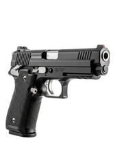 Matte black semi-automatic pistol with textured grip, polished trigger, detailed slide, reflective parts, isolated on white studio background, high-key lighting. Concept of law enforcement and