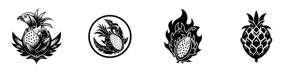 Set of four black and white tropical fruit icons including pineapple and dragon fruit in a stylized woodcut design for logos or emblems