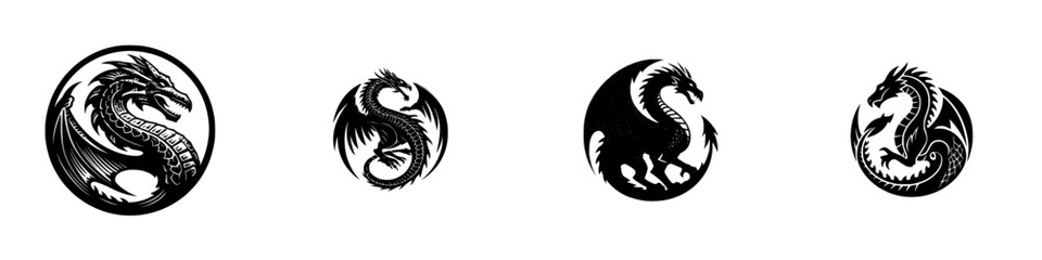Set of four black dragon logo icons in a circular shape for emblems or tattoos, featuring mythical creature silhouette designs