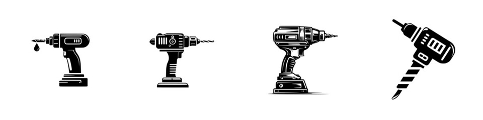 Set of four black and white power drill icons for construction and repair work isolated on a white background