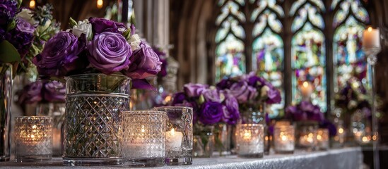Purple floral arrangements in etched glass vases with candles, in front of stained glass windows