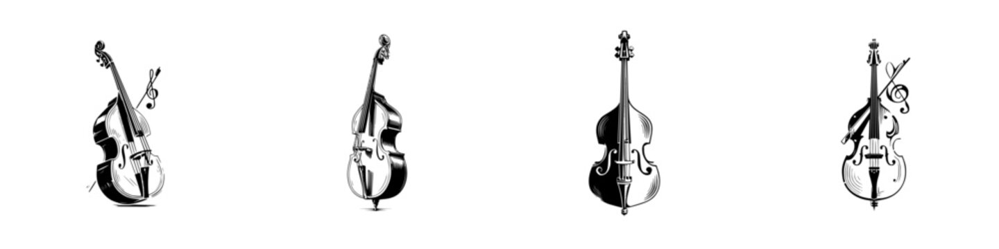 Set of four hand-drawn double bass musical instruments in a black and white sketch style with treble clef notes isolated on a white background