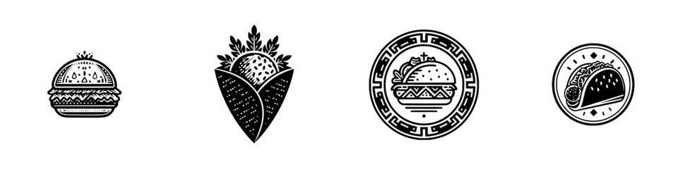 Black and white fast food icon collection featuring a hamburger, taco, and wrap for restaurant logos and menu emblems