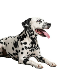 Purebred Dalmatian dog lying relaxed in a high-key professional studio with bright white background, subtle reflection, ample copy space, open mouth, pink tongue showing happy pet concept