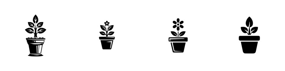 Set of four potted plant icons in black silhouette style for gardening, nature, and houseplant concepts isolated on a white background