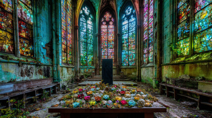 An ancient cathedral in ruins, overtaken by nature and filled with unsettling relics, where eerie stained-glass windows cast a ghostly glow. A dark ritualistic circle surrounds a pulsating black obeli