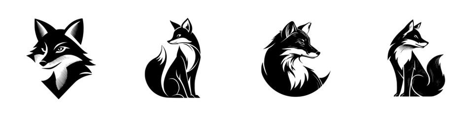 Collection of stylized black and white fox logo icons in different poses for branding and design, isolated on a white background