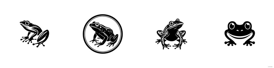 Set of four distinct black frog and toad silhouettes for logos, icons, and graphic design elements isolated on a white background
