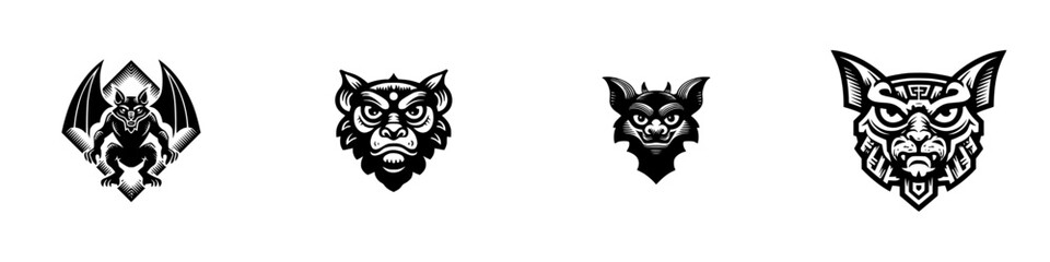 Set of four black and white monster heads including a gargoyle, demon, and mythical beast for logos or emblems