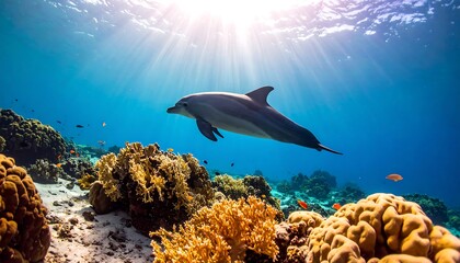 Fototapeta premium Dolphin swimming over coral reef