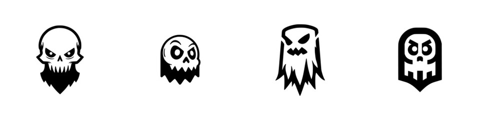 Set of four black and white stylized skull and ghost icons for logos, emblems, or Halloween decorations isolated on a white background