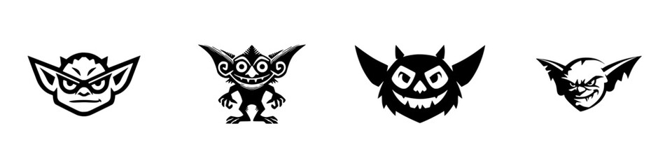 Collection of four stylized goblin and gremlin character mascots with angry and mischievous faces for gaming or team logos