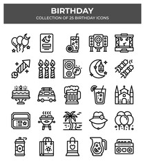 Birthday Icons Collection. 25 Unique Party & Celebration Vector Line Icons