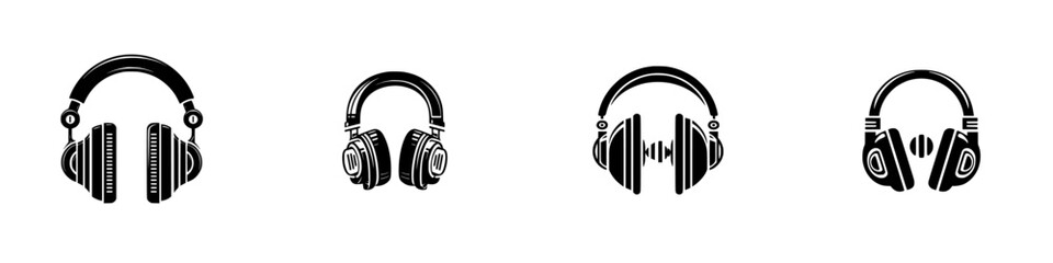 Collection of various headphone glyph icons in a simple black silhouette style for music and audio equipment