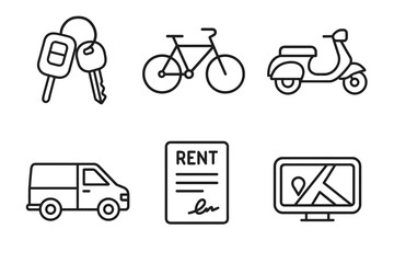 Transportation rental options: car keys, bicycle, scooter, van, rent agreement, gps icon
