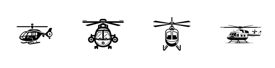 Set of four black helicopter icons showing different models and views including front and side profiles for aviation and transport design