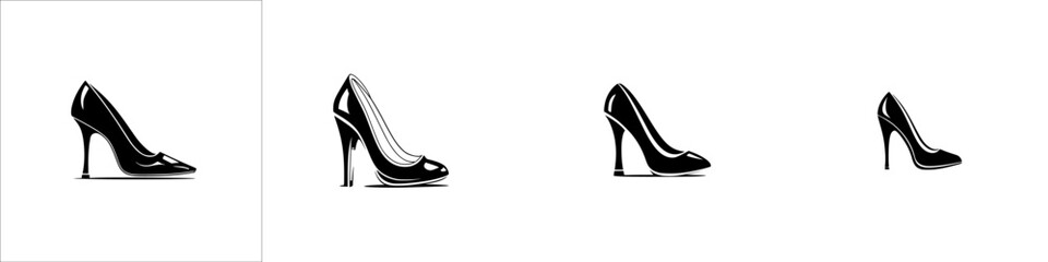 Set of black high heel shoe icons in various styles, elegant stiletto pump silhouette collection for fashion design