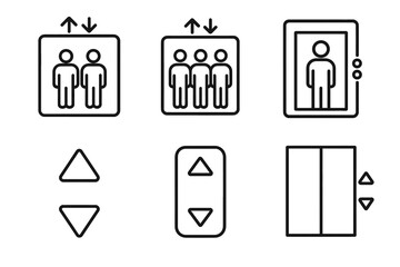 Simple elevator icon set with people and control buttons in minimalist line art style