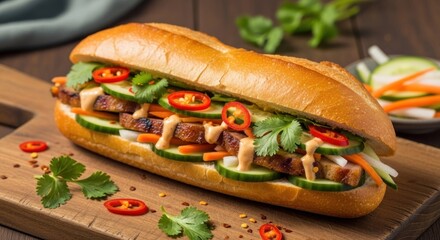 Delicious Vietnamese Banh Mi Sandwich with Fresh Vegetables and Meat.