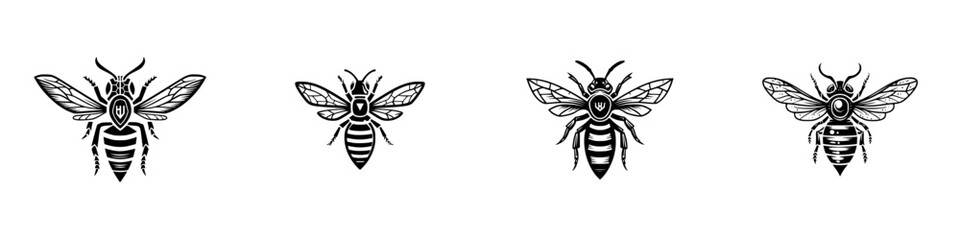Set of four black and white bee and wasp icons in a graphic woodcut style for logos and emblems isolated on a white background
