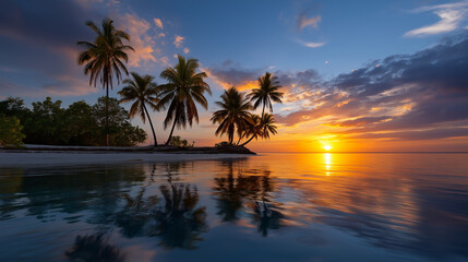 Obraz premium Sunset over tropical island, palm trees as silhouettes, reflection on calm lagoon.