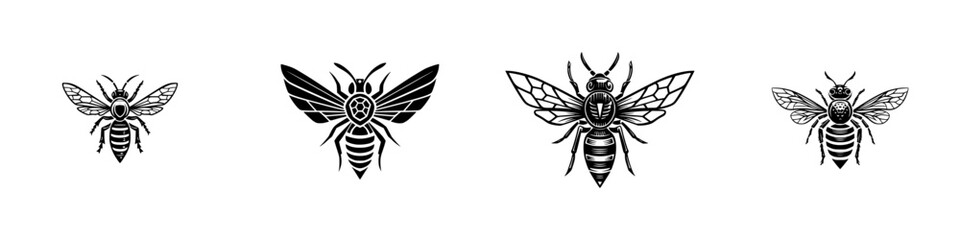 Black and white graphic collection of bee, wasp, and hornet icons in a stylized linocut design for tattoo or logo emblem