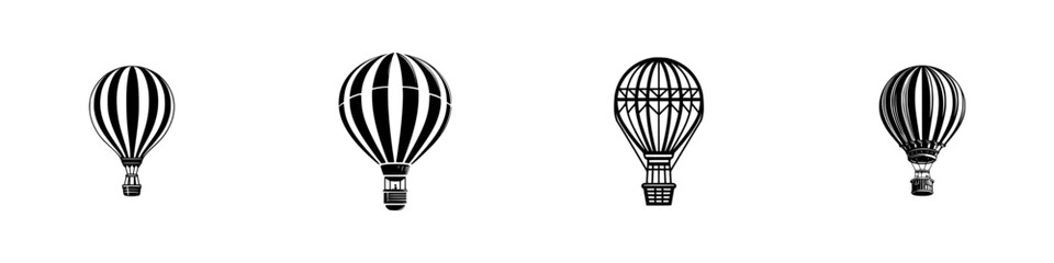 Naklejka premium Set of four vintage hot air balloon icons in black and white silhouette style isolated on a white background