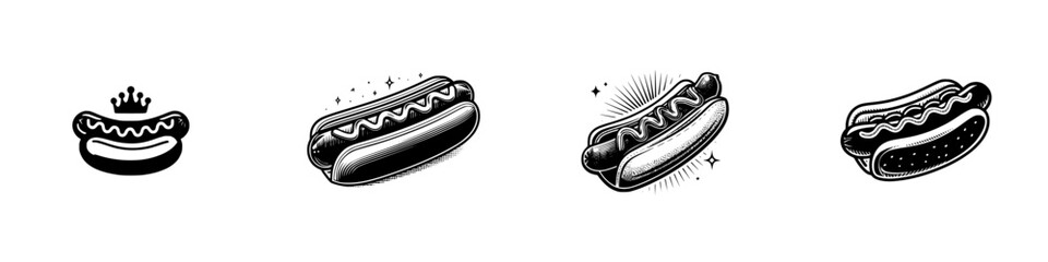 Collection of vintage hot dog emblems with sausage in a bun and mustard, isolated black and white icons for street food branding