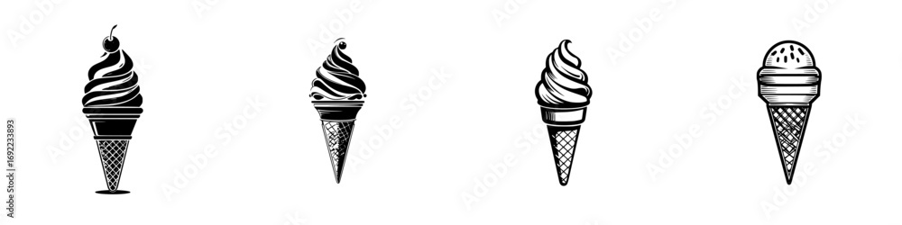 Poster set of four black and white ice cream cone icons showing different styles of soft serve and scooped 