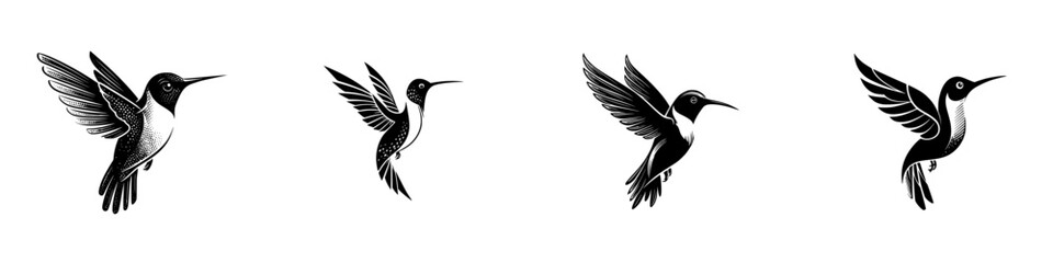 Set of four black and white hummingbird silhouettes in flight, isolated on a white background in a graphic linocut style