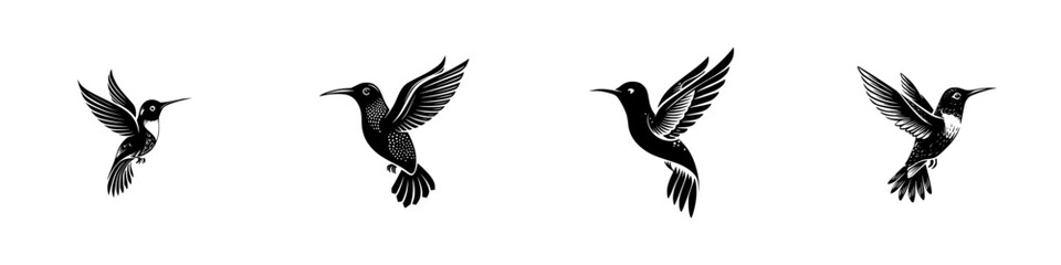 Set of four black hummingbird silhouettes in flight, isolated on a white background, graphic icon collection for logos or design elements