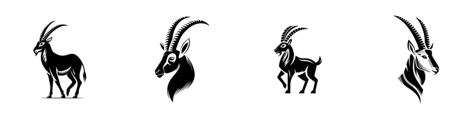 Graphic set of ibex and mountain goat icons in a bold black and white style for use as a company logo or emblem