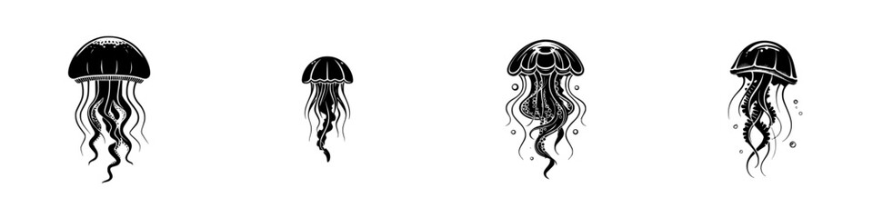 Collection of stylized jellyfish icons in black silhouette style, aquatic sea creature set for graphic design and tattoo art