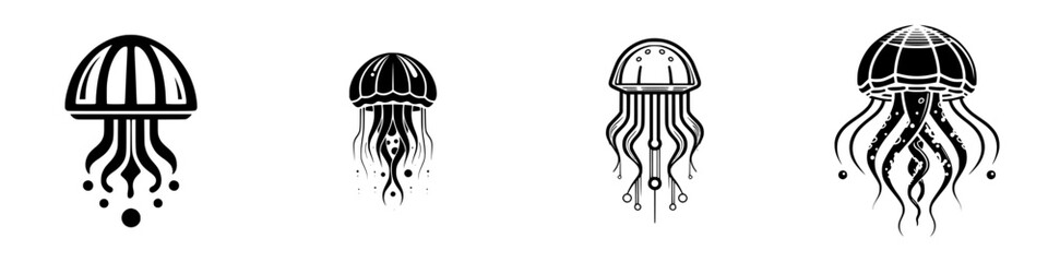 A set of four black and white stylized jellyfish icons for logos or tattoos featuring abstract marine life designs isolated on a white background
