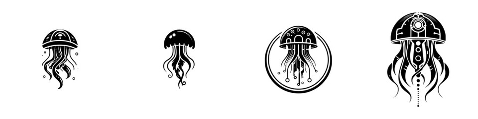 Set of four stylized black and white jellyfish icons with futuristic and robotic design elements for modern logos or abstract symbols © Andrei