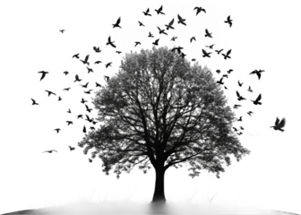 Ash silhouette flock of birds backlit Isolate on transparent background PNG file