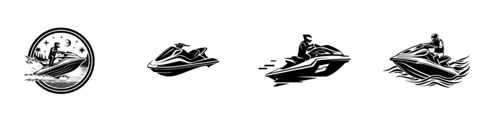 Set of black and white jet ski icons for water sports logo design, featuring a rider in action on a personal watercraft emblem